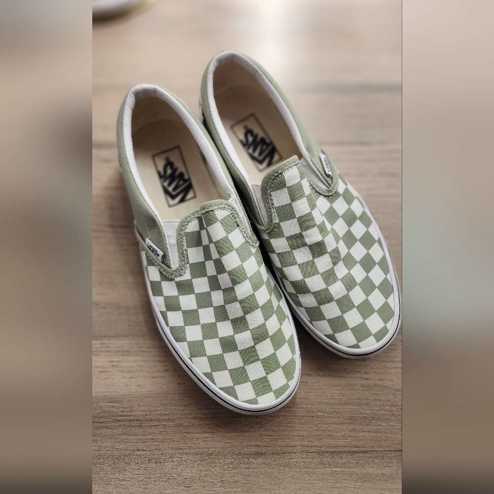 Vans Slip-On Checkerboard Sneakers - Sage Green & White